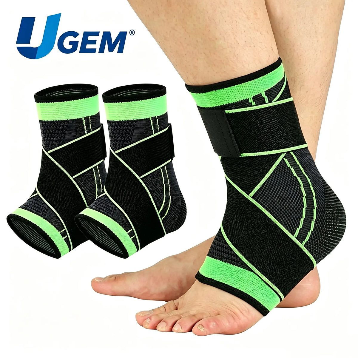 UGEM 2-Pack Copper Ion Adjustable Ankle Support Brace for Men & Women - Breathable Fabric Compression Sleeve Leg,Ankle Protectionmulti-Size Secure Hold Sprain Aid for Sports Recover